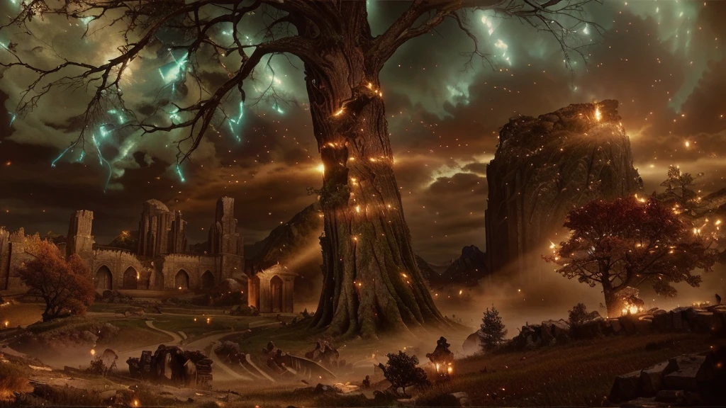 masterpiece,There is a big tree in the middle of the field., Elden Ring Cinematic Lighting, Stunning Arcana Background, Elden Ring concept art, fantastic screenshot art, Elden Ring Capitol, Complex and epic composition, Epic dreamy fantasy landscape, Elden Ring Art, Elden Ringbosch, Magnificent and wonderful atmosphere