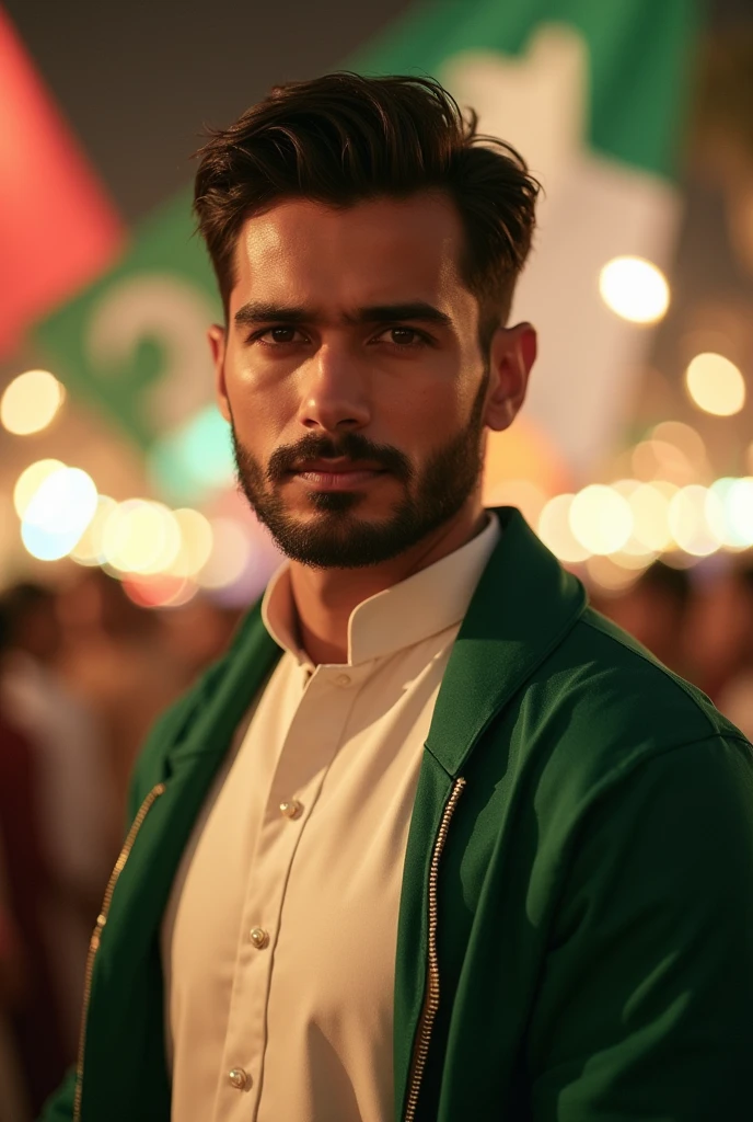  a handsome beautifull  man, dressed in a  outfit of white kurta shalwar and green  jacket or dupatta on shoulders,
, embodying the essence of "Jash e Azadi." The background with blur lights and celebrations representing the festive spirit of independence. .. 
image lighting should not b yellow, it should be white face