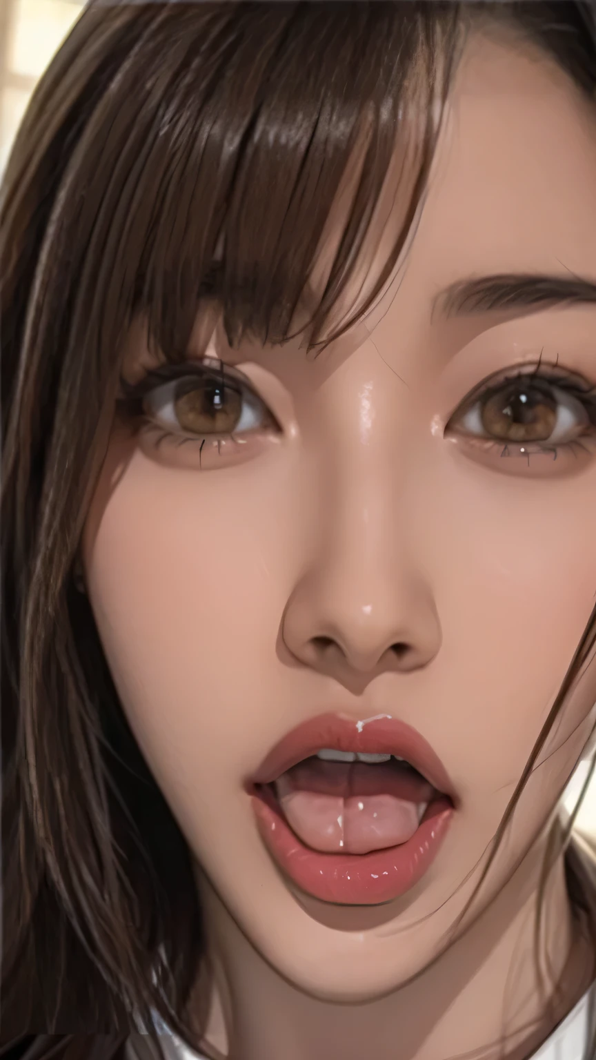 {best quality}, {very aesthetic}, {ultra-detailed}, {best illustration}, nsfw, jitome, wet eyes, upturned eyes, lips, open mouth, tongue out, chin up, cupping one hand, cum in mouth, cum on palm