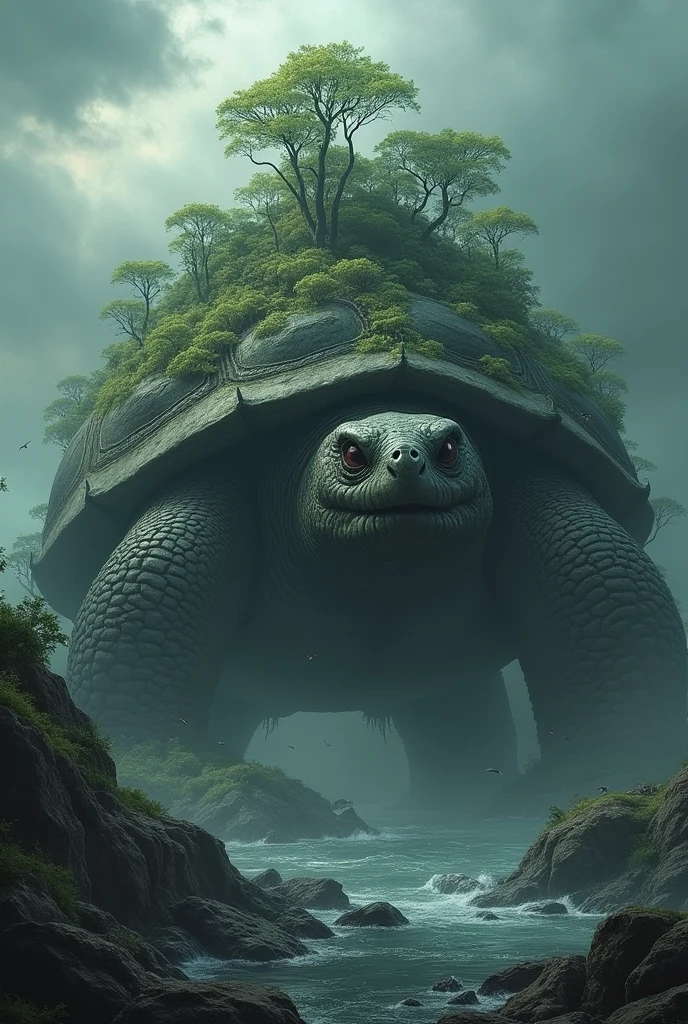 a scary turtle with an island on its back