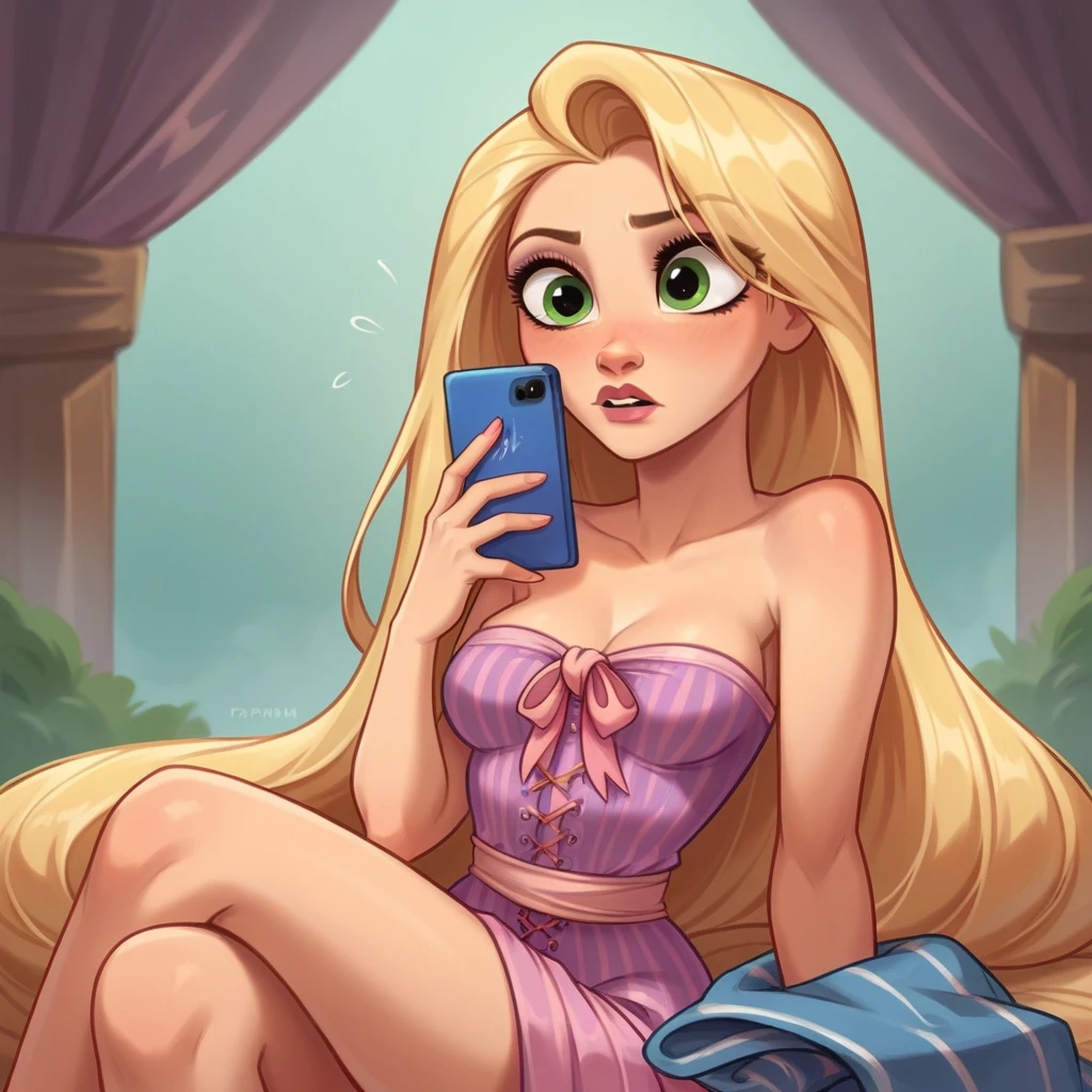 score_9_presence, score_8_up, Rapunzel, wrapped in towel, medium breasts, holding phone