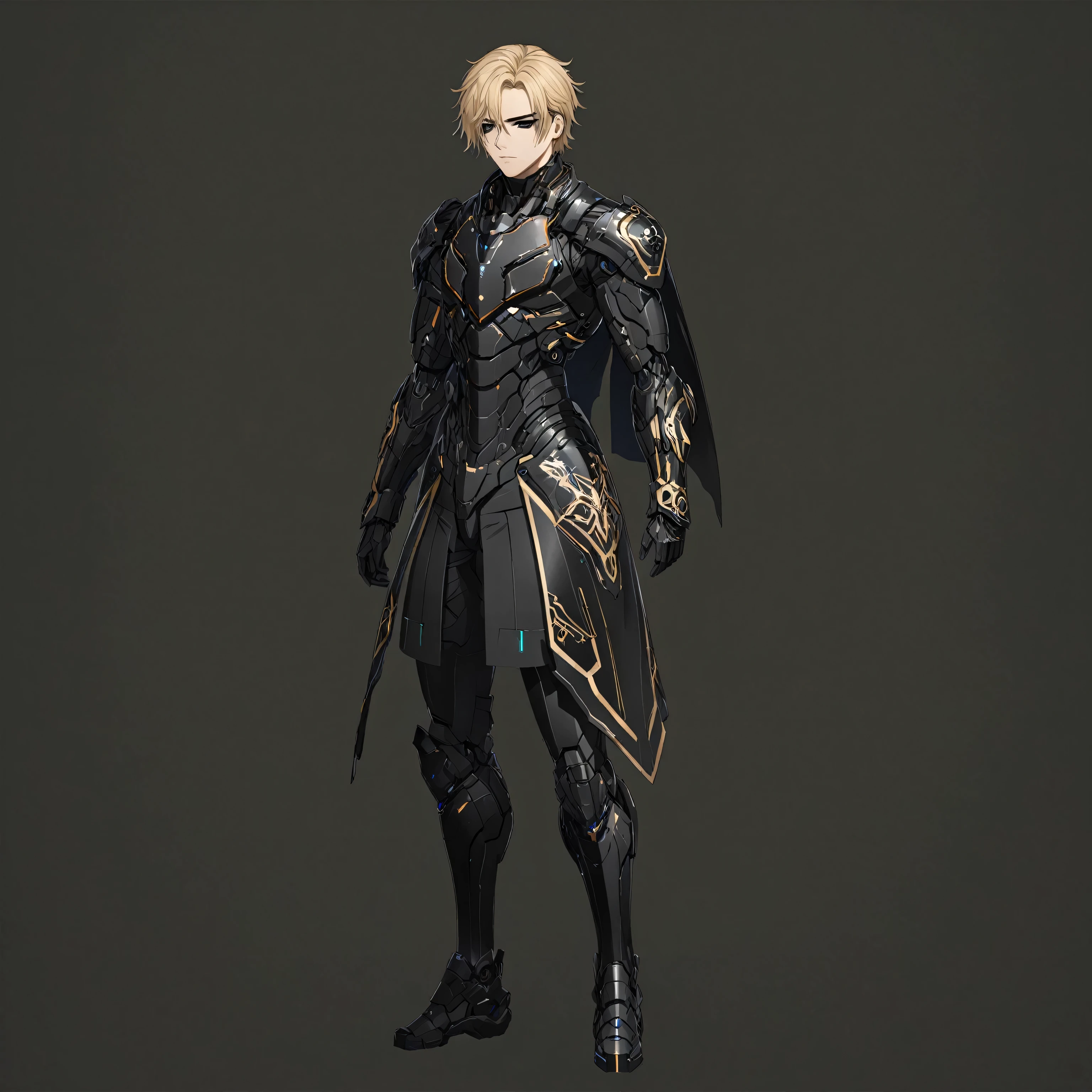 masterpiece, best quality, good quality, Highly detailed, shadowverse style, male, adult, black eyes, blonde hair, futuristic sci-fi aesthethic, black armored, side cape, 8k, detailed, ultra detailed