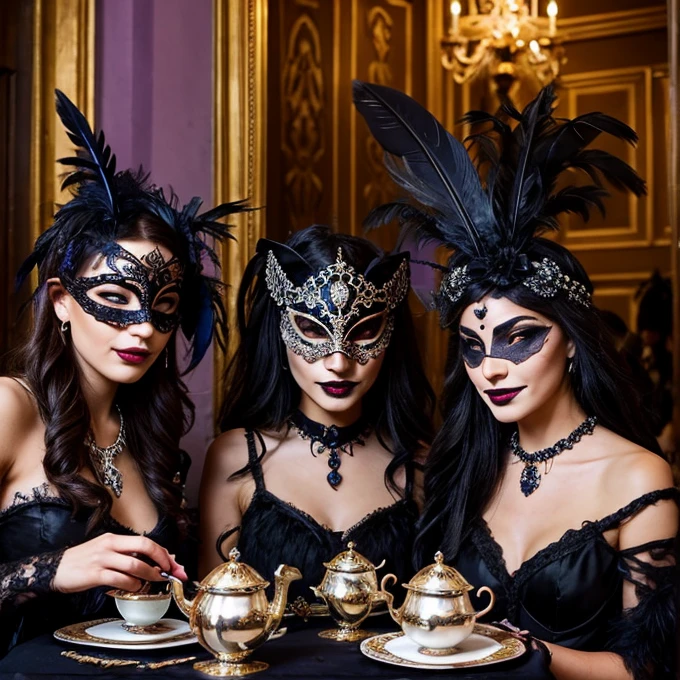 A wild party with a group of humanlike crows at a masquerade tea party, adorned with copious amounts of shining jewlery and piles of trinkets scattered about. Gothic, laughter, party, raven, feathers, black