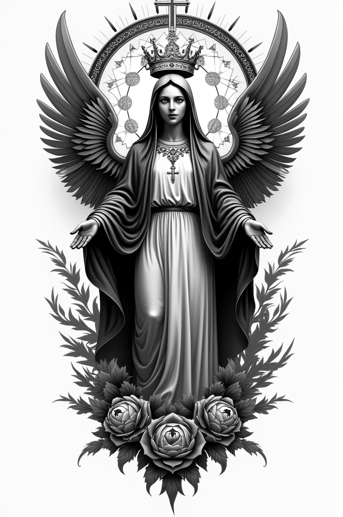 Create a Metatron tattoo with the image of Our Lady of Aparecida in front, all in bold 