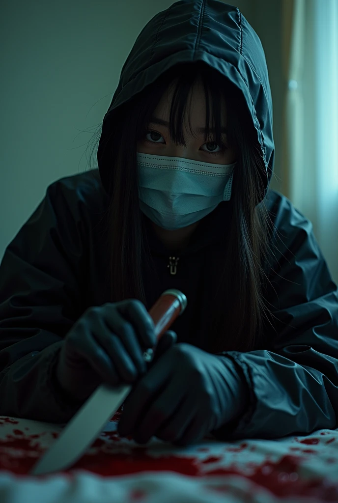 korean girl, (behind corpse, surgical mask), holding knife, stabbing, black gloves, room full of blood, black raincoat, plump, hood up, holding knife, black gloves, behind corpse, blood splatter, bondage, long bangs, bed room, black wet suit, night, mass murderer, killer, robbery, dark atmosphere, cinematic lighting, atmospheric realistic, light from the window close-up,