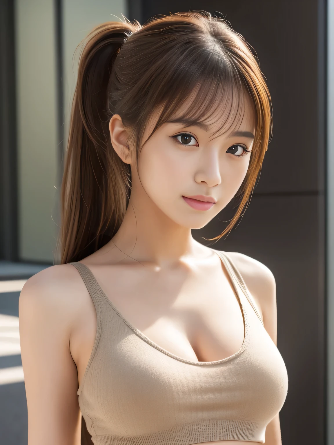 (Masterpiece, Professional lighting, 16k, 8k wallpaper, raw photo, photorealistic:1.4, ultra detailed, natural gentle lighting, detailed skin, detailed face, detailed eyes, textured skins), portrait of a stunningly beautiful 19 year old school girl, brown hair, low ponytail, tank top, panties, cleavage, busty, small breasts, looking at viewer, japanese idol,