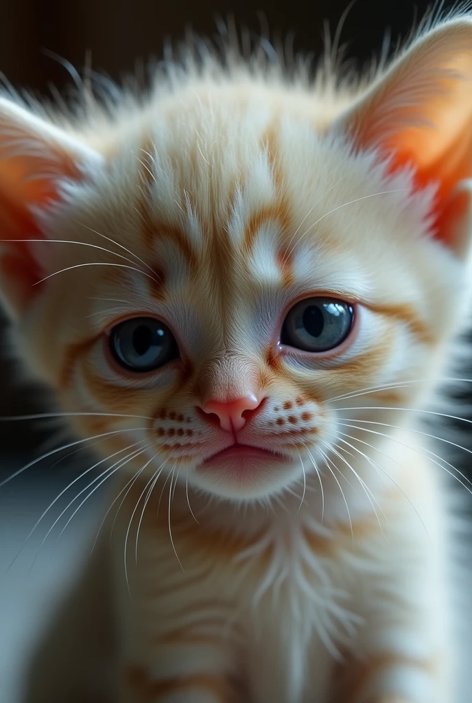"A realistic close-up of a sad kitten with soft, fluffy fur, eyes filled with emotion, and large, glistening tears rolling down its cheeks. The kitten's fur is slightly ruffled, adding to its sorrowful appearance. The lighting is soft, emphasizing the wetness of the tears and the kitten's delicate features, creating an atmosphere of pure sadness and vulnerability."