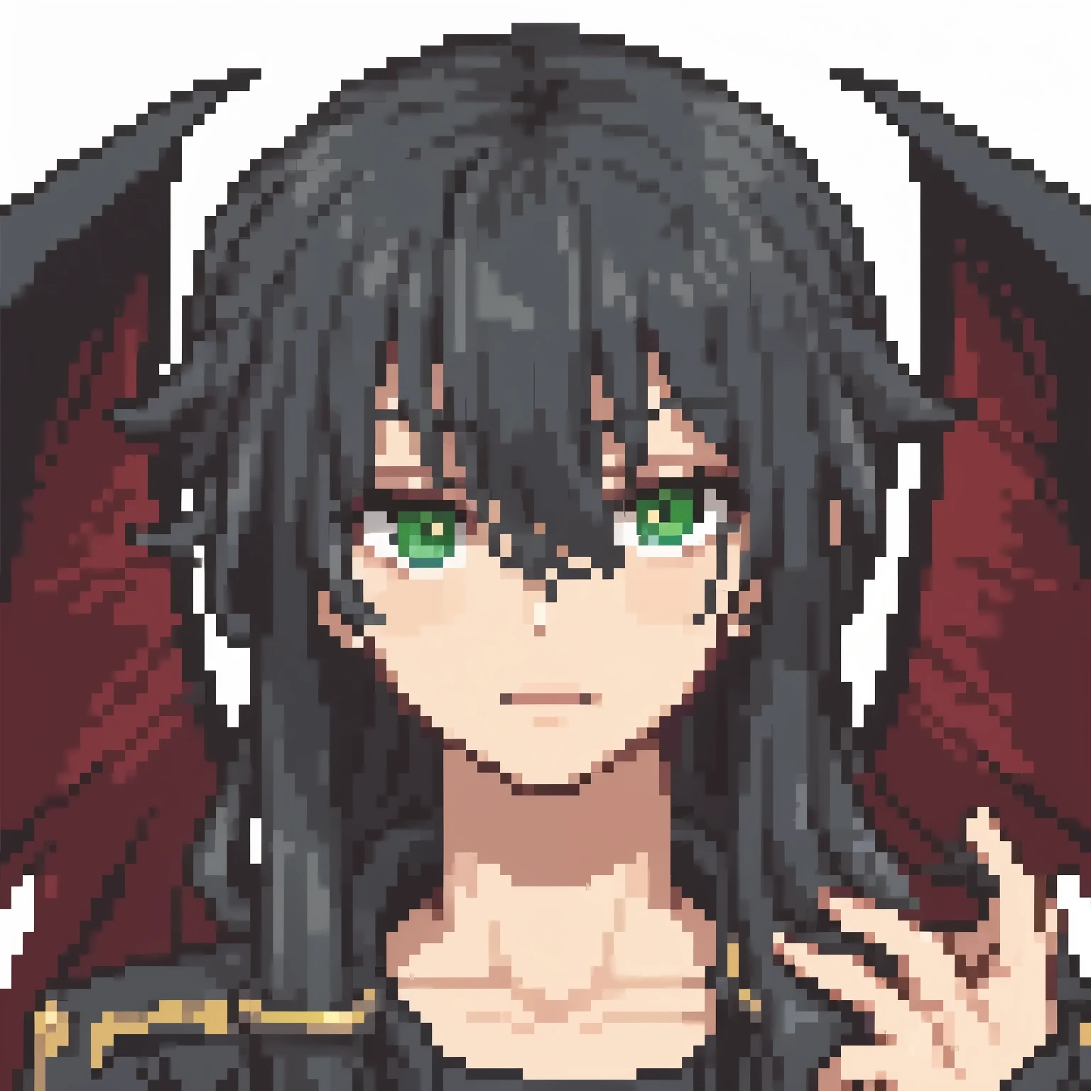 Pixel art, pixel style, sprite, metalhead boy, Black long hair boy, extreme long hair, green eyes