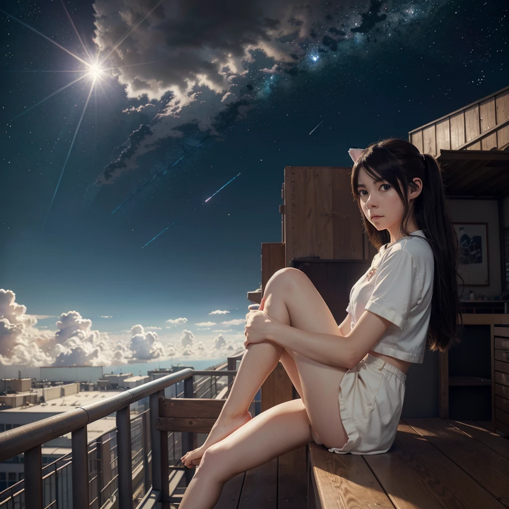 Anime cat-eared girl sitting on a shelf looking at the sky, anime drawings inspired by Makoto Shinkai, trending on pixiv, space art, Makoto Shinkai Cyril Roland, 4K anime wallpapers, anime art wallpaper 8 K, anime art wallpaper 4K, anime wallpaper 4K, anime wallpaper 4K, anime wallpaper 4K