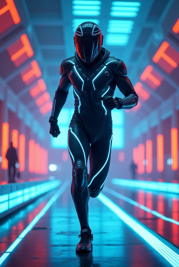 futuristic, neon lighting, (arena stadium in the Tron video game), wearing a Tron bodysuit and helmet, (running pose), masterpiece, ((full body portrait)), photorealistic, wide angle lateral