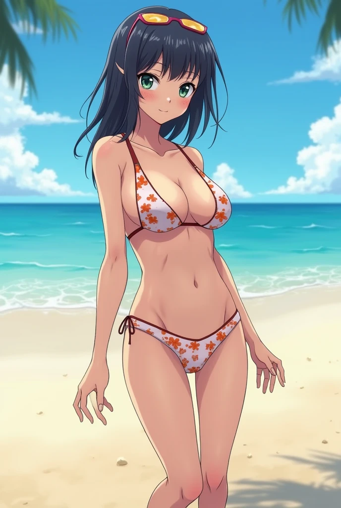 Make me the character Asa Mitaka from the anime chainsaw man in the art style of aroma sensei on the beach with her body completely naked