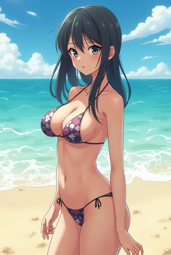 Make me the character Asa Mitaka from the anime chainsaw man in the art style of aroma sensei on the beach with her body completely naked