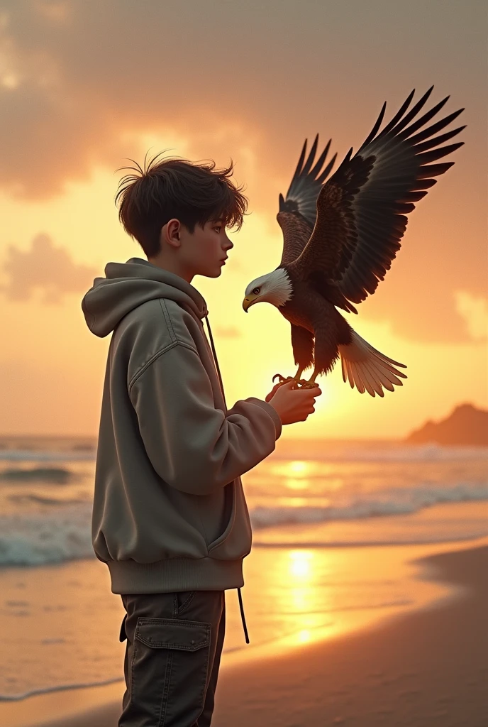 A 15 year old boy wearing a hoodie and black cargo pants holding an eagle behind a sunset beach