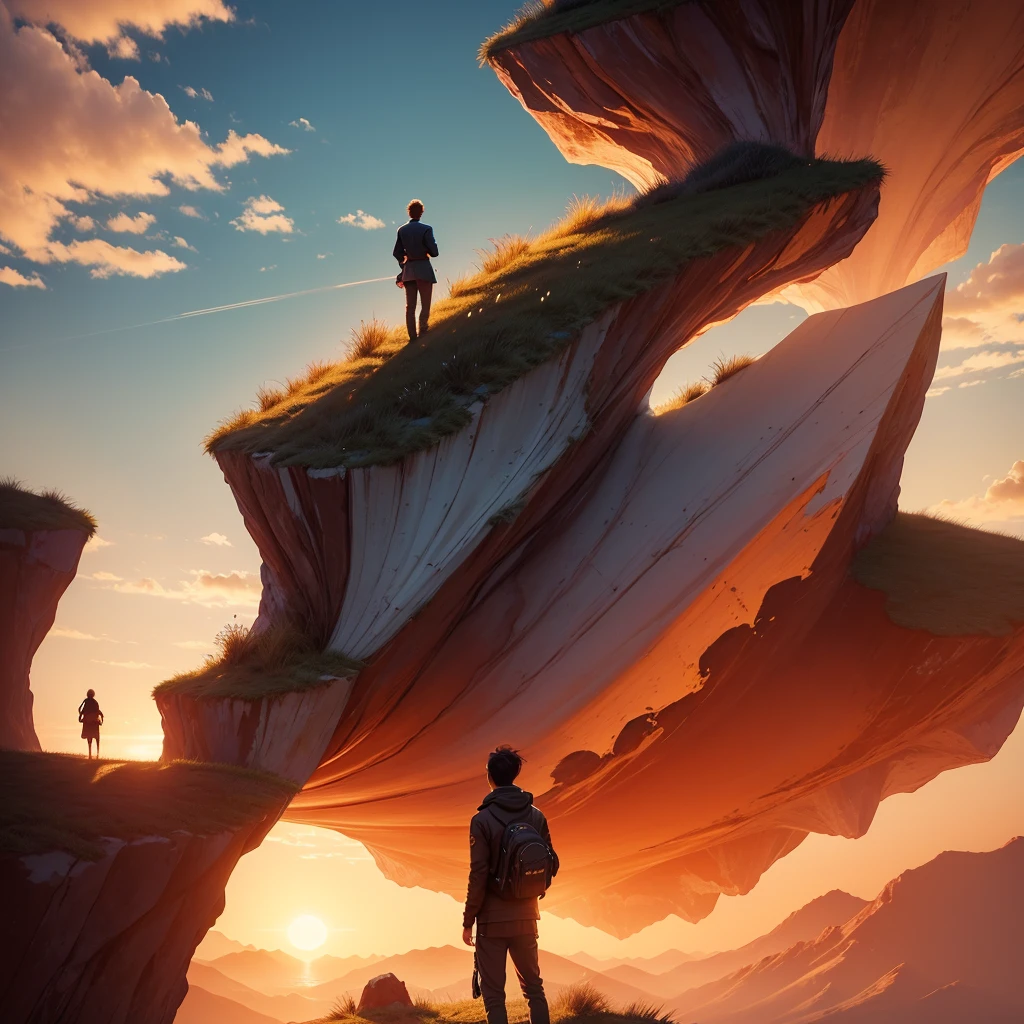 Create an inspiring and vibrant illustration titled 'Visualize to Achieve Success.' The image should depict a person standing at the edge of a cliff, gazing out at a breathtaking sunrise over a vast landscape filled with mountains and valleys. The sky should be painted in warm hues of orange, pink, and gold, symbolizing hope and new beginnings. Surround the person with ethereal, glowing symbols of success such as trophies, books, and pathways leading to various achievements. The overall mood should evoke feelings of determination, ambition, and the power of visualization in achieving one's dreams." Feel free to adjust any elements to better fit your vision!