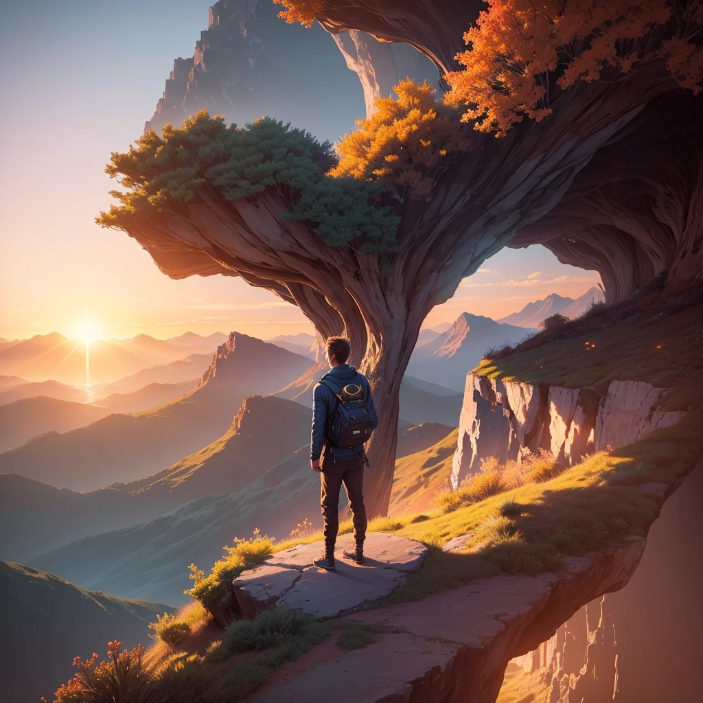 Create an inspiring and vibrant illustration titled 'Visualize to Achieve Success.' The image should depict a person standing at the edge of a cliff, gazing out at a breathtaking sunrise over a vast landscape filled with mountains and valleys. The sky should be painted in warm hues of orange, pink, and gold, symbolizing hope and new beginnings. Surround the person with ethereal, glowing symbols of success such as trophies, books, and pathways leading to various achievements. The overall mood should evoke feelings of determination, ambition, and the power of visualization in achieving one's dreams." Feel free to adjust any elements to better fit your vision!