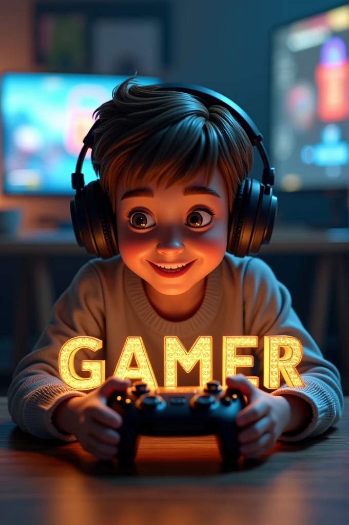 Create a 3D illusion for a gaming logo the boy with headphones holding a gaming remote and looking so cute, video game avatar features the name “RAHUL GAMER” in a realistic font with gold colour and create realistic image