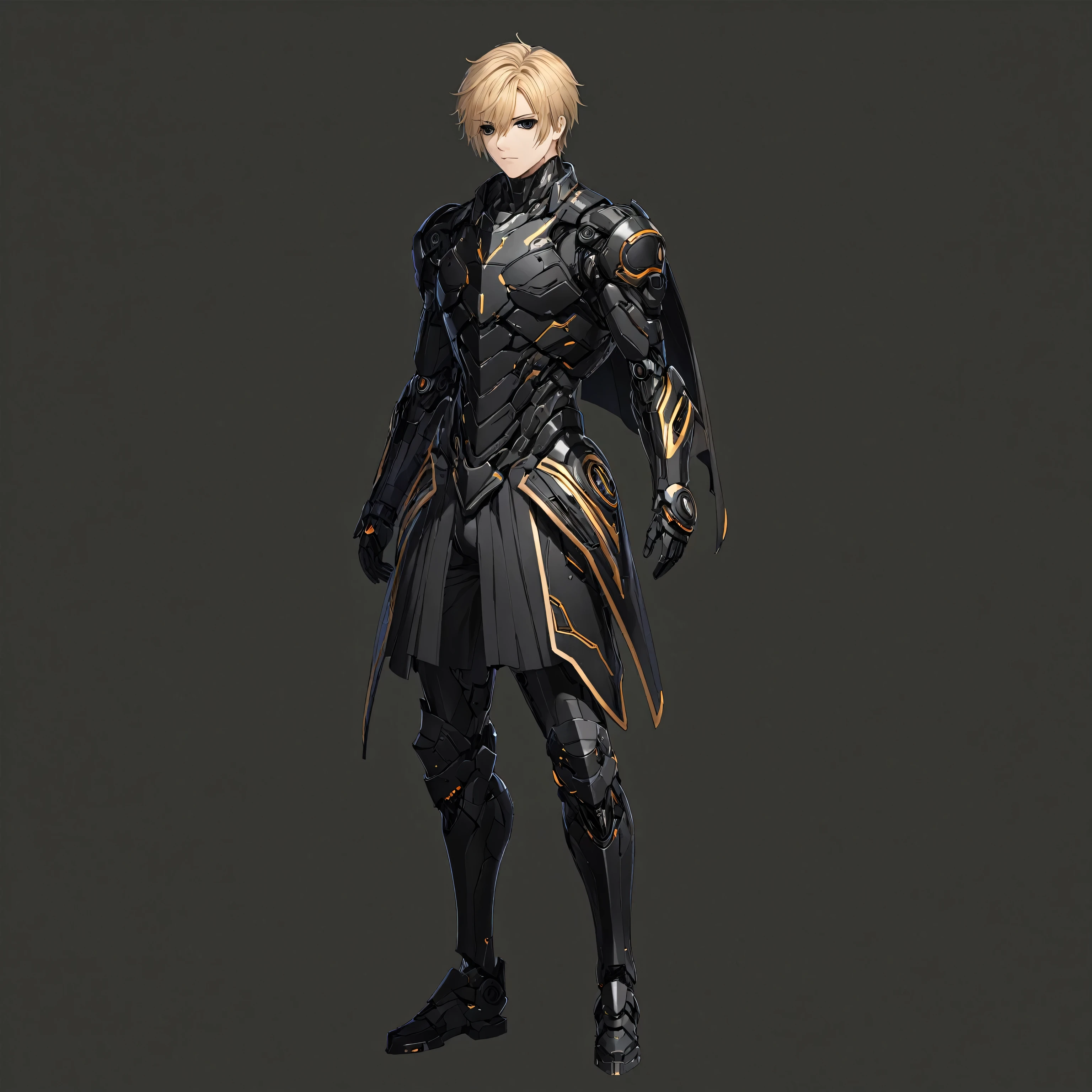 masterpiece, best quality, good quality, Highly detailed, shadowverse style, male, adult, black eyes, blonde hair, futuristic sci-fi aesthethic, black armored, side cape, 8k, detailed, ultra detailed