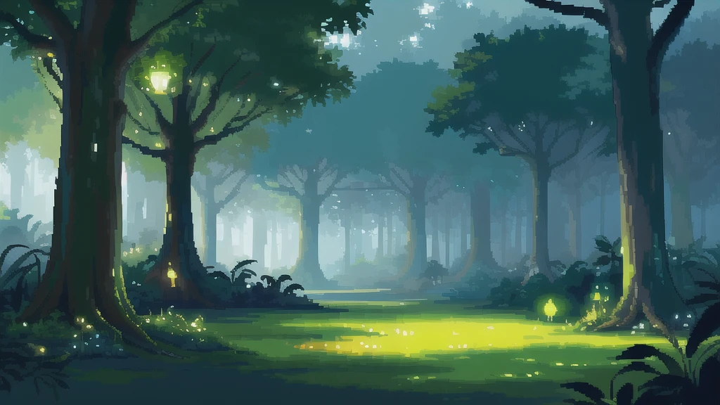 (top quality, high quality, highly detailed, masterpiece), pixel art background of a magical jungle clearing for a 2D game. The scene should feature a small, open area surrounded by ancient, pixelated trees with thick roots and hanging vines. In the center, add a natural stone altar covered in glowing moss, emitting a faint, mysterious light. Include small, animated pixel elements like twinkling fireflies and soft beams of moonlight filtering through the pixelated canopy. The overall vibe should be tranquil yet full of hidden secrets, with a color palette of deep greens, soft blues, and golden light.