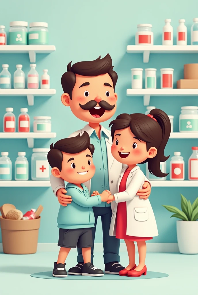 father&#39;s day image, happy father and son and daughter in a pharmacy cartoon