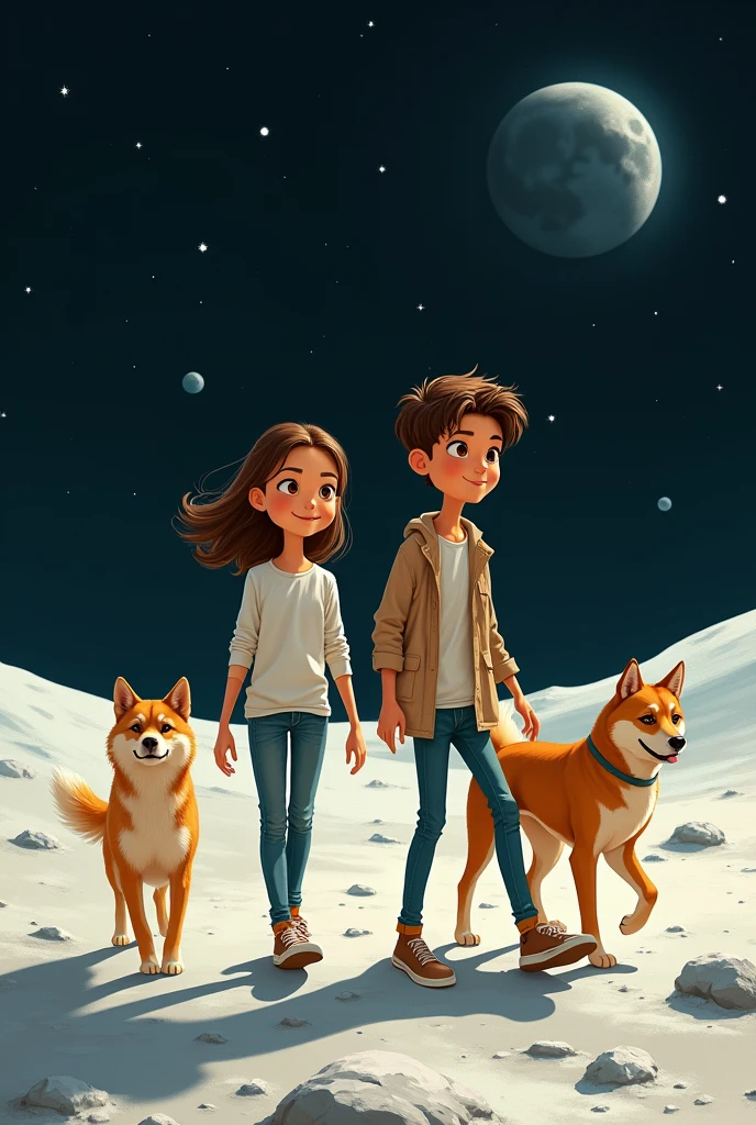 a tall skinny white boy and a tall skinny girl with cinnamon skin and not so long straight hair with small waves walking on the moon together with a Golden retriever dog and a shiva inu dog