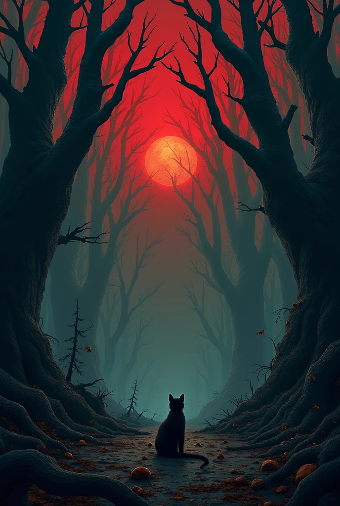 Dense forest, bigest trees with leaf , many branches hanging from the trees, broken branches on the ground, scattered leaves, insects are crawling on the ground, the sky is turning from red to black, a cat is sitting in front of the tree,bloody sky