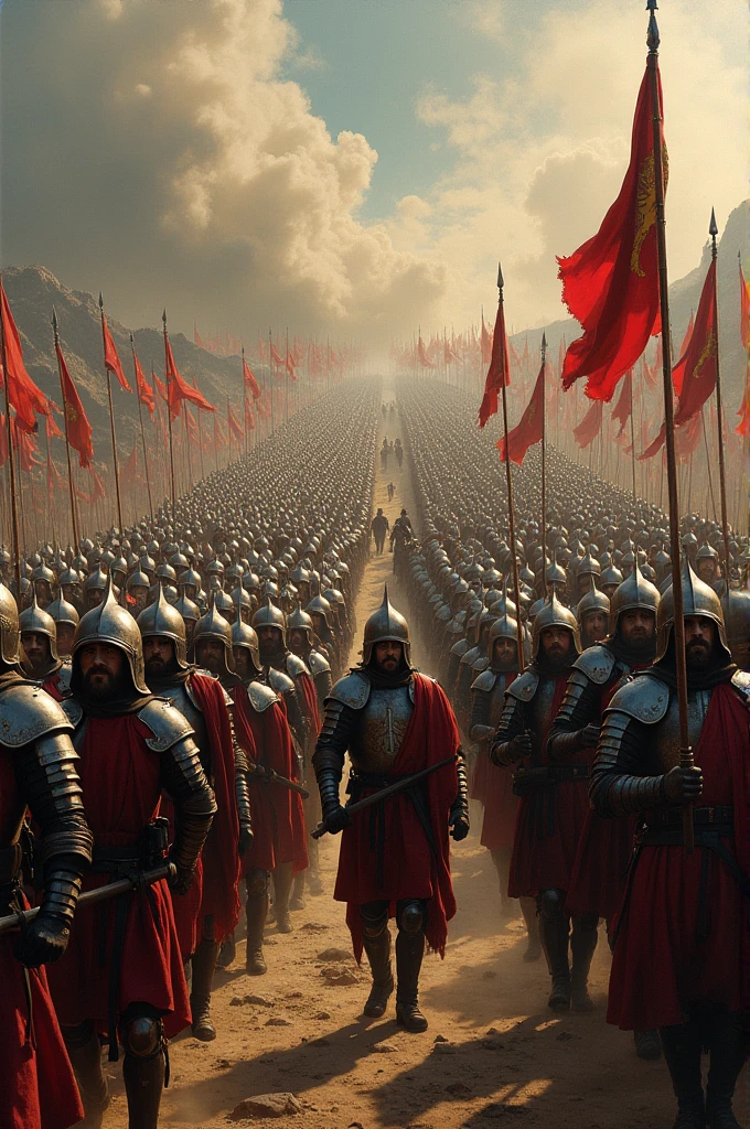 A hyper realistic painting of a huge medieval Croatian army marching