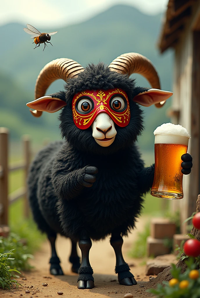 A black sheep wearing a Mexican wrestler mask making a beer and swatting a fly