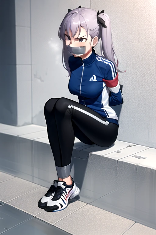 ((1 girl)), ((twin tails)), (sexy),  ((simple_background)), ((concrete floor, concrete wall)), ((underground room)), ((arms behind back)), ((scowl)), ((sitting on the knees)), ((tape gag)),  ((helpless)), ((calm)), ((struggling)), (blue tracksuit,tracksuit,tights pants, long black pants)