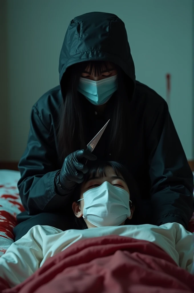 korean girl, (behind corpse, holding knife), surgical mask, black gloves, room full of blood, black raincoat, bucket hat, holding knife, black gloves, woman on top, behind corpse, blood splatter, on the bed, night, mass murderer, killer, long bangs, blood splatter, dark atmosphere, cinematic lighting, atmospheric realistic, close-up,
