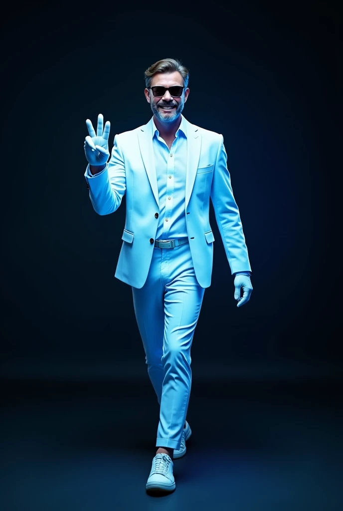 unrealistic blue light bulb; like a drawing; walking with style; wearing sunglasses; with white arms and legs; on his hands he has white gloves; makes the looser sign with one hand; is smiling; in the background there is a flat black color