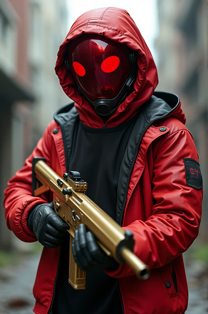 Ethan de Blood Strike, Red Helmet without eyes Translucent with Crimson Red Light, P90 Submachine Gun Shiny Gold, Red sleeveless open jacket with black, Posing, apocalyptic background.