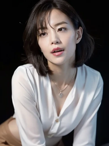 (masterpiece:1.2), (Highest quality), (Visible everywhere:1.3) ,(Very detailed), (8k, Complex), (Lens 135mm,1 1 1.8), (Realistic)(Black background:1.3), Portrait Photography, Side lighting,Edge lights up,Best Shadow,Area light source,Perfect Anatomy,perfect face shape,Best for women,Best Female Body,Improves skin texture,Fine fabric pattern,Precise beauty,Delicate and delicate skin,Very detailed肌,Pale skin,Delicate hair,Glowing Skin,Very detailed顔と肌の質感, Glowing Skin, Sharp details, 超Realistic, Fine and beautiful skin, 1 female, 30 years old, Japanese women, (thin:Weight 1.0), Small breasts:1.3, ((Bob Hair, short hair, Straight hair, bangs:1.3, Brown Hair)),Pervert woman, (Office Uniforms, ofiice suits, White blouse, Tight mini skirt, Nipples, Nipples), (((Cowgirl))), The buttoned up shirt flutters), necklace, (((Frowning、Open your mouth、Squint your eyes))), (((From below:1.5, Looking at the audience:1.3, close))), Female dog, Browsing Caution,