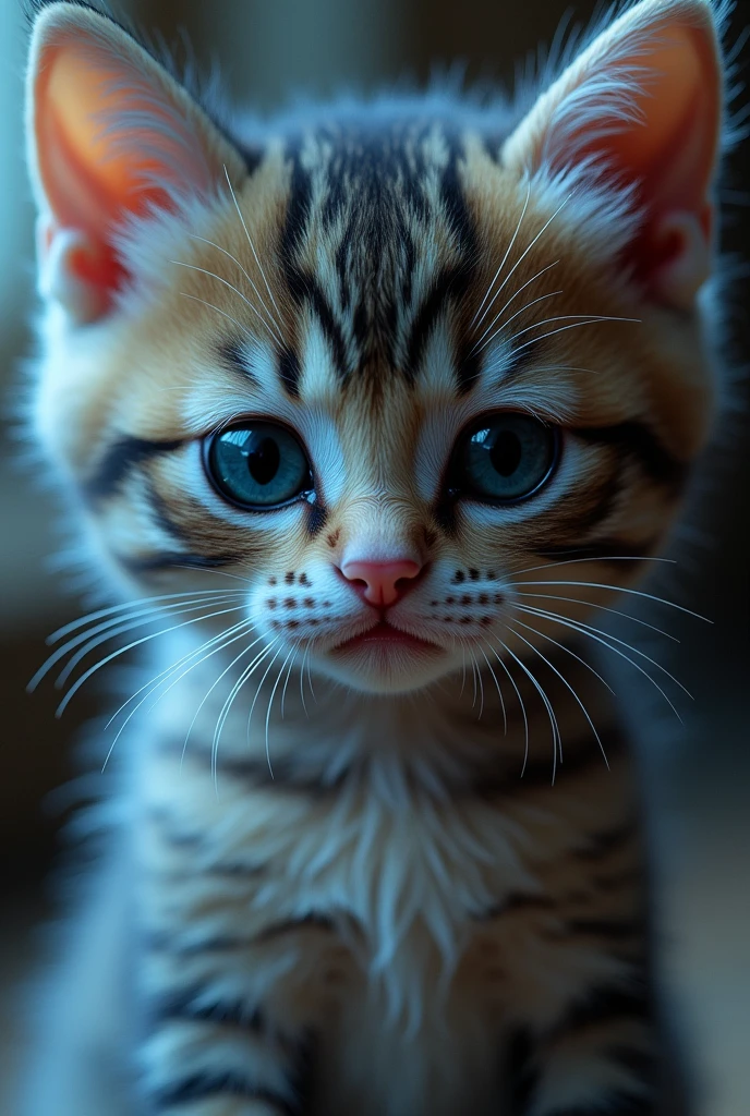 "A realistic close-up of a sad anthropomorphic kitten with soft, fluffy fur, eyes full of emotion, and big, shiny tears rolling down its cheeks. The kitten's fur is slightly bristled, adding to its sad appearance. The lighting is soft and emphasizes the wetness of the kitten's tears and delicate features, creating an atmosphere of pure sadness and vulnerability.", neon light