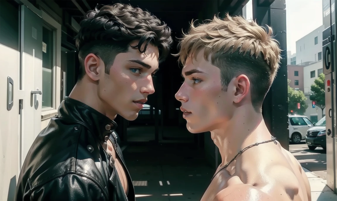 [((highly detailed, detailed eyes, detailed face, clear and realistic facial features, photorealistic, realistic light, cinematic)), Austin is an handsome masculine intimidating 18-year-old Puerto Rican punk with blue-green eyes who wears a tough leather outfit and has hair that is shaved at the sides and tinted red on top, James is a sexy masculine confident 18-year-old Caucasian jock with brown eyes who wears a varsity jacket and has blond hair in an undercut, Austin and James stand in a school hallway leaning in and looking at each other with tension between them, ((looking in each others eyes))]