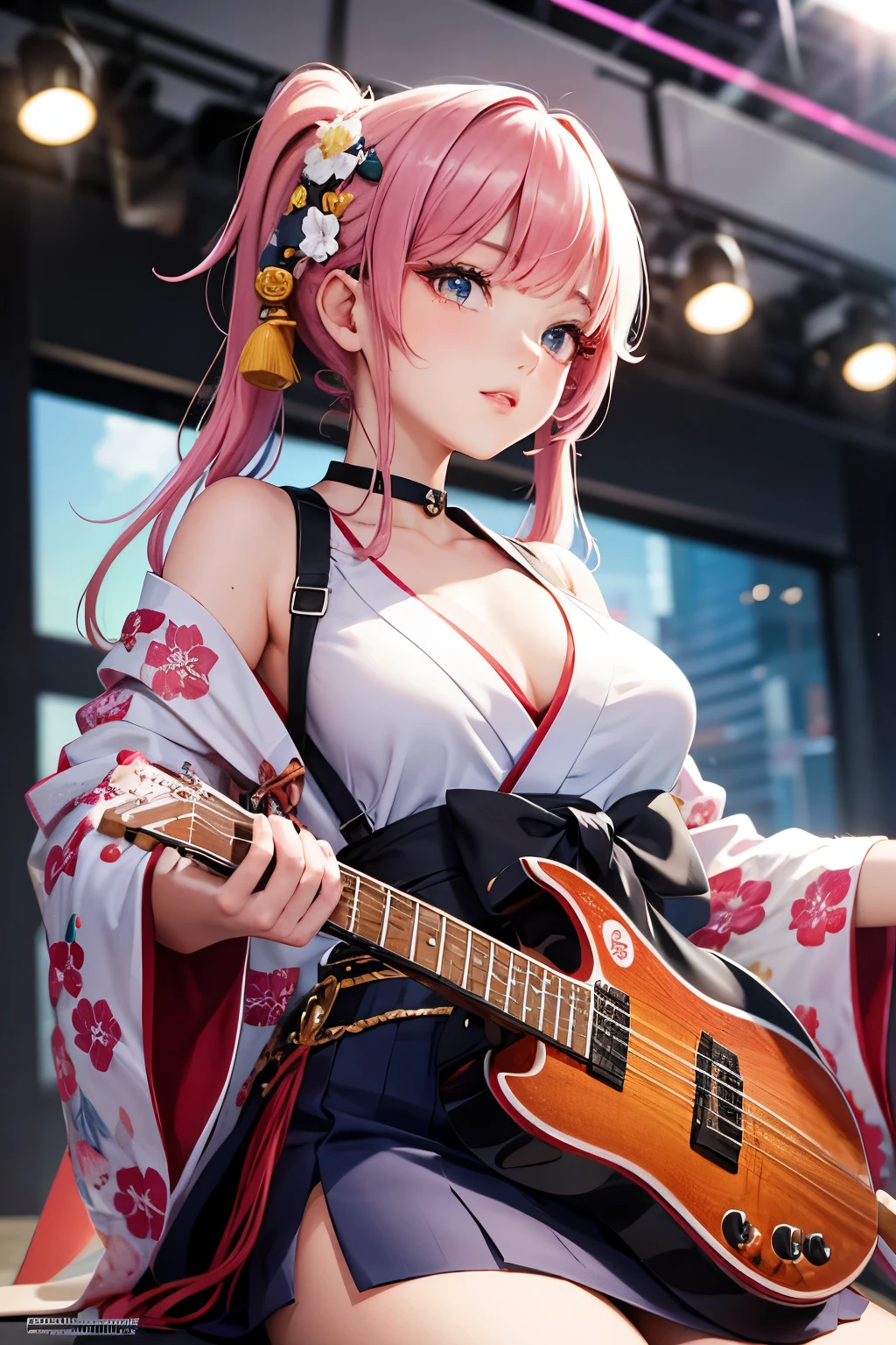 masterpiece, best quality, very detailed, high resolution, expensive resolution, high resolution, 4K, 8k, Unity 8k wallpaper, highly detailed CG, masterpiece, 2D, 3D, beautiful details, depth, fine texture, best quality: 1.3, perfect focus, crispy skin, he,
Very cute anime girl, girl playing guitar vocals in a band wearing a Japanese fancy floral haori hakama, on outdoor stage, full body, expensive pink and black short twin tail hair, mole under eye, looking at the viewer, expensive, blush, mole, lips open, , heart choker, pink eyes, guitar vocals, stage