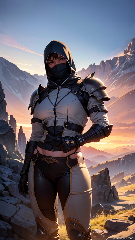a tall tomboy girl, detailed mask covering face, boyish appearance, muscular physique, nonchalant expression, outdoor mountain scene, 1girl, (best quality,4k,8k,highres,masterpiece:1.2),ultra-detailed,(realistic,photorealistic,photo-realistic:1.37),cinematic lighting,calm atmosphere