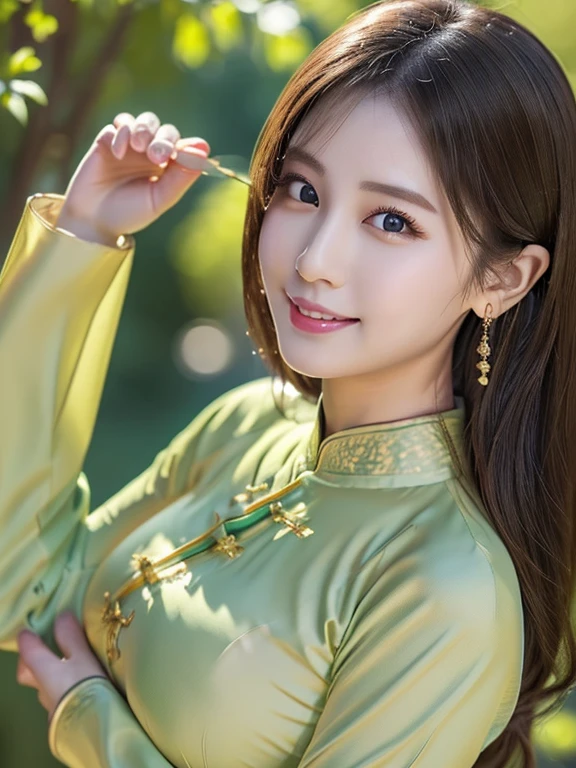 ((Highest quality、8k、masterpiece:1.3))、Ultra HD、Detailed Background、(market)、((Green Ao Dai:1.3))、Young Japanese woman、(Anatomically correct body)、(Perfect Body Beauty:1.3)、(Highly detailed beautiful face、Beautiful skin texture)、Correct finger、Captivating smile、Looking into the camera,(Right Eyes、Beautiful Eyes)、double eyelid、(Huge breasts)、Beautiful curves、Beautiful long legs,Earrings,((nsfw))