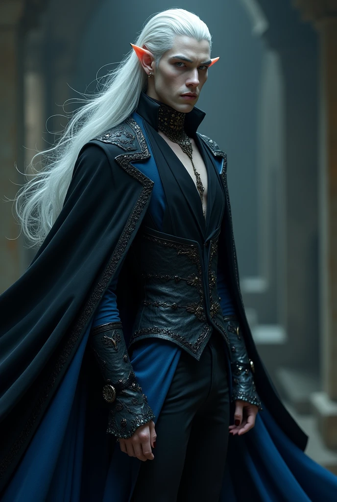 A pale skinned male vampire, bonitas, with long, platinum hair, elf hybrid with black and blue coat, Full-body image