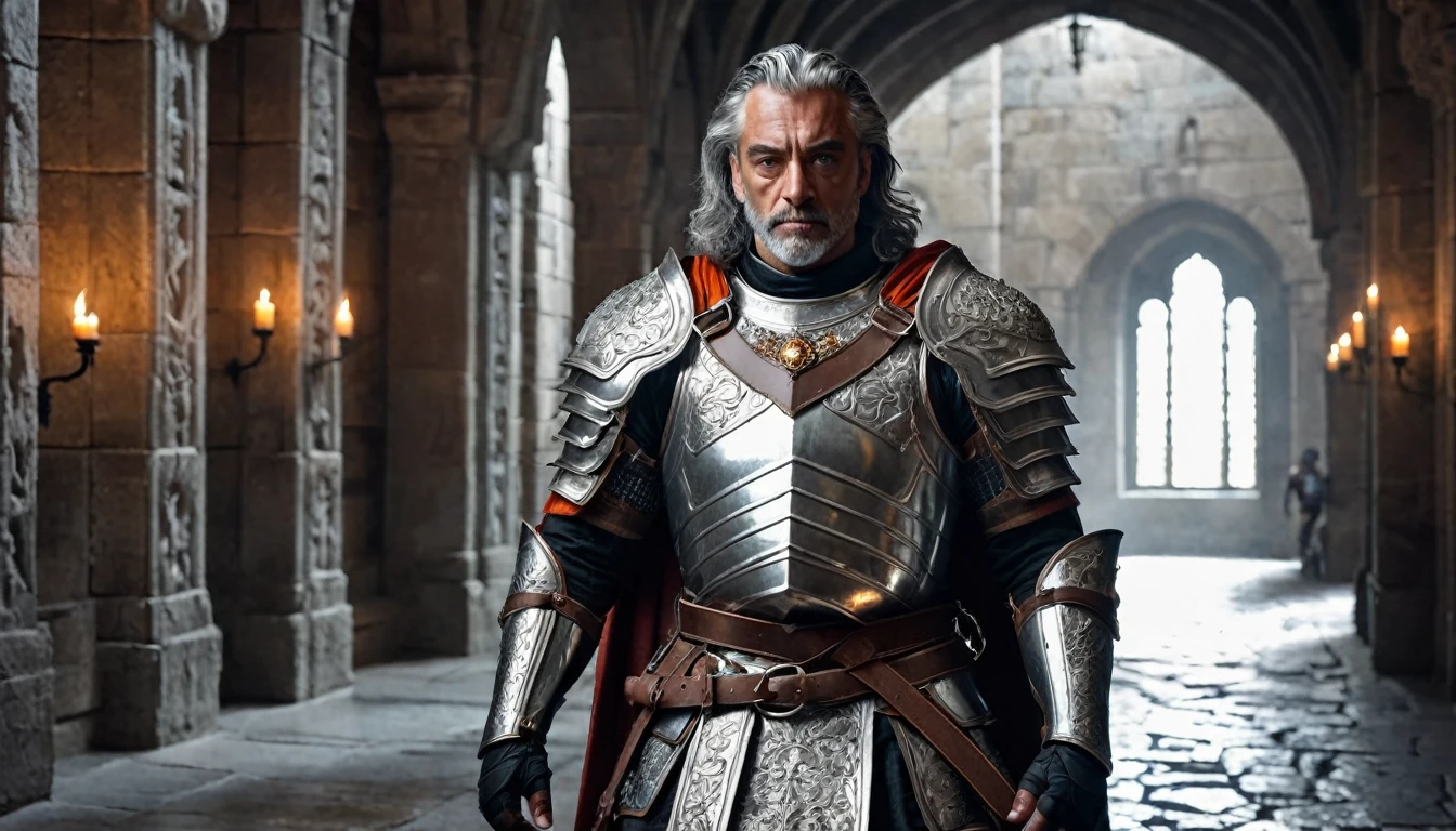 ((masterpiece, The silver armor is intricately decorated throughout.,Gorgeous filigree armor, Detailed fantasy armor)), Inside a stone building, Stone slabs scattered on the floor, A muscular man in armor walking towards the front, dim, Gray Hair, Candles along the walls light up the room., He holds a large, twisted, dark red rapier in his hand., Wearing a dirty cloak, He wears a dirty dark loincloth under his armor.,There are three small orange gems lined up on the chest., White metal decoration on shoulder