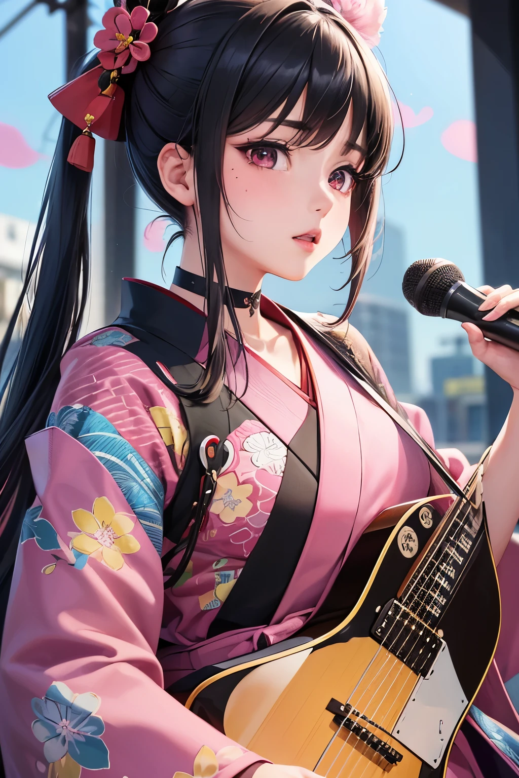 masterpiece, best quality, highly detailed, high resolution, expensive resolution, high resolution, 4K, 8k, Unity 8k wallpaper, highly detailed CG, masterpiece, 2D, 3D, beautiful details, depth, fine texture, best quality: 1.3, perfect focus, crispy skin, he, very cute anime girl, girl wearing a Japanese fancy floral haori hakama and playing guitar vocals in a band, ear mic, outdoor stage, full body, expensive black hair in short twin tails with pink inner, mole under eye, looking at the viewer, expensive, blush, mole, open lips,, heart shaped choker, pink eyes, guitar vocals, ear mic, stage