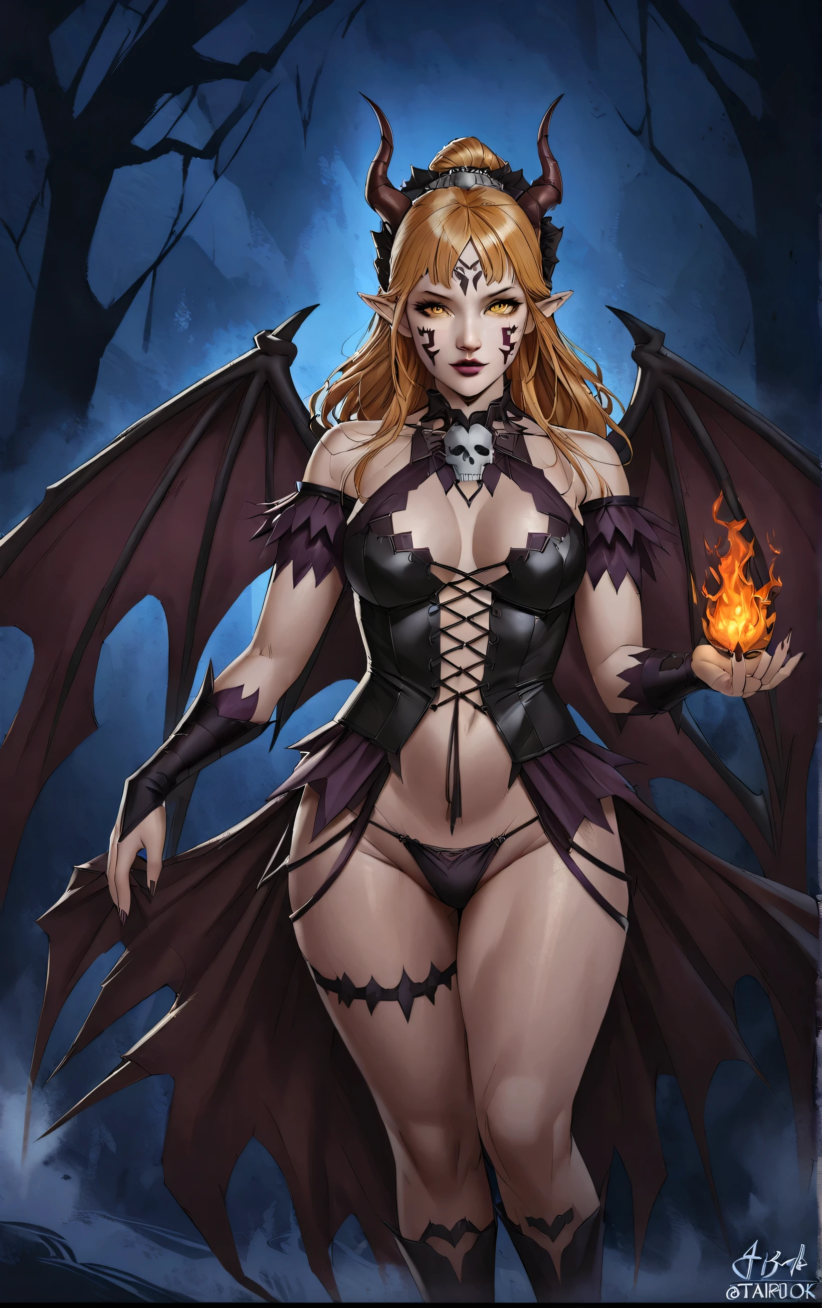 Photo realistic, ultra-detailed, 1girl, , milf, ears old, full body portrait, ancient succubus, athletic, day of the dead facepaint, white high ponytail hair, straddling over the camera with legs spread wide open, open legs, see through lowleg panties, fragon scale demon wings, horns, fire and brimstone eruprions, scary detailed art in color, aroused expression, busty, curvy hipsy, alluring, posingth open legs, sheer hipster panties, highly detailed art, beautiful fantasy art portrait, intricate detailed digital art, highly detailed digital painting, digital art fantasy art, mark brooks detailed, detailed fantasy digital art, amazing detail digital art, close-up portrait demoness skull,