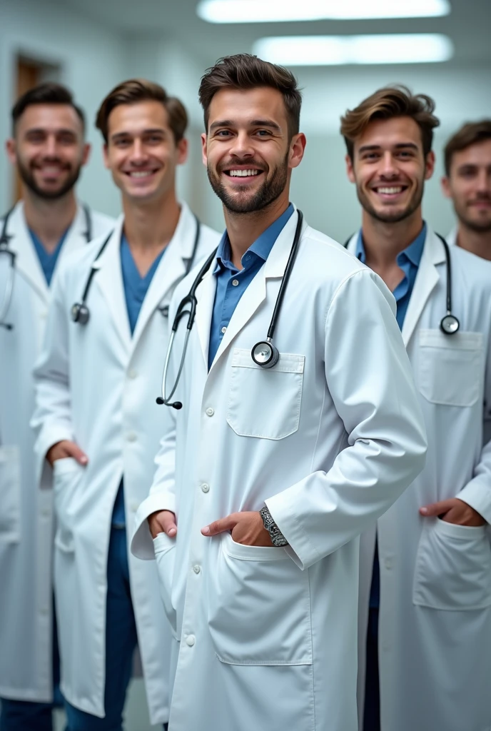 Create a Cute Young mans only 18 plus not woman Doctors group photo with stethoscope 