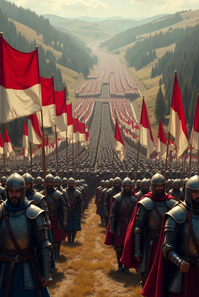 A hyper realistic painting of a huge medieval Croatian army marching with croatian flags