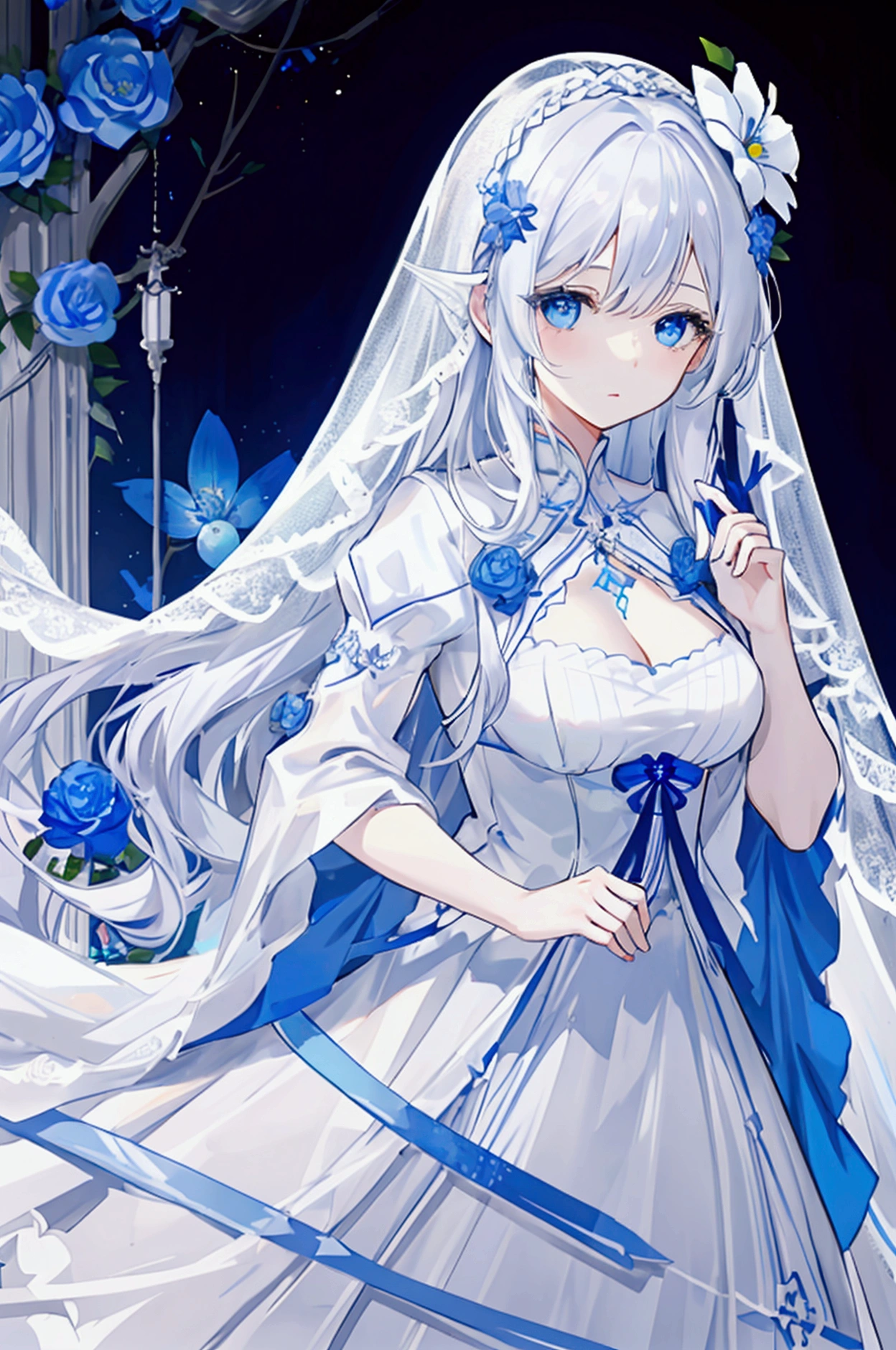 A woman with white hair and blue eyes、Long and wavy hairstyle、White Veil、dress、A blue flower floats from the palm of her hand、White, blue or light blue flowers、Fantasy