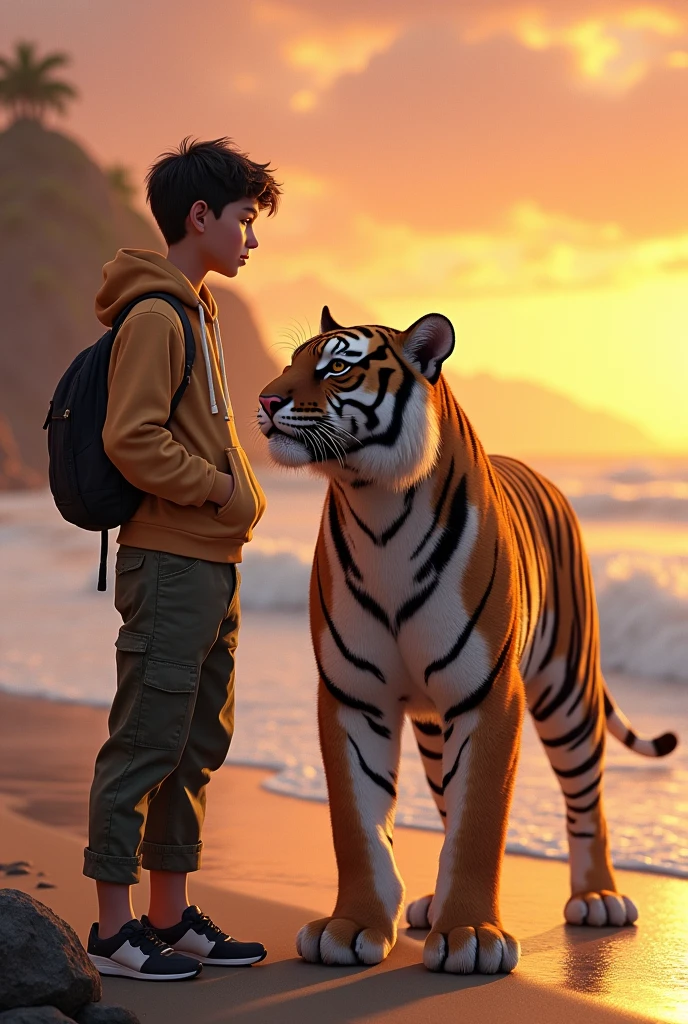 A  boy wearing a hoodie and cargo pants holds a tiger next to him against a sunset beach background.