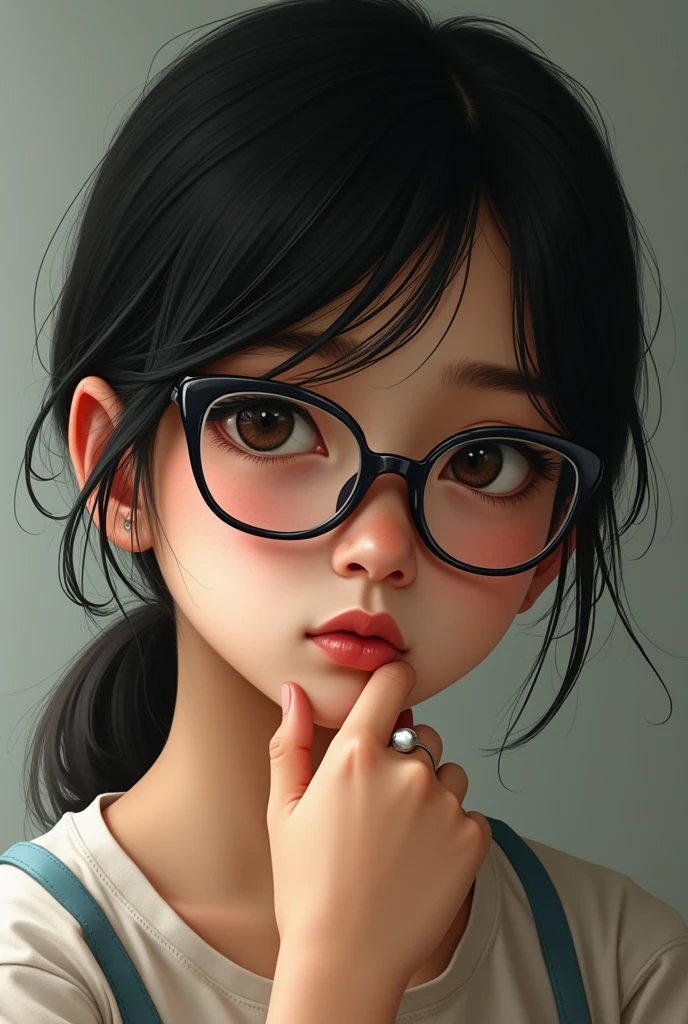 Face of a girl with weightish complexion having pointed nose and black hair wearing glasses
