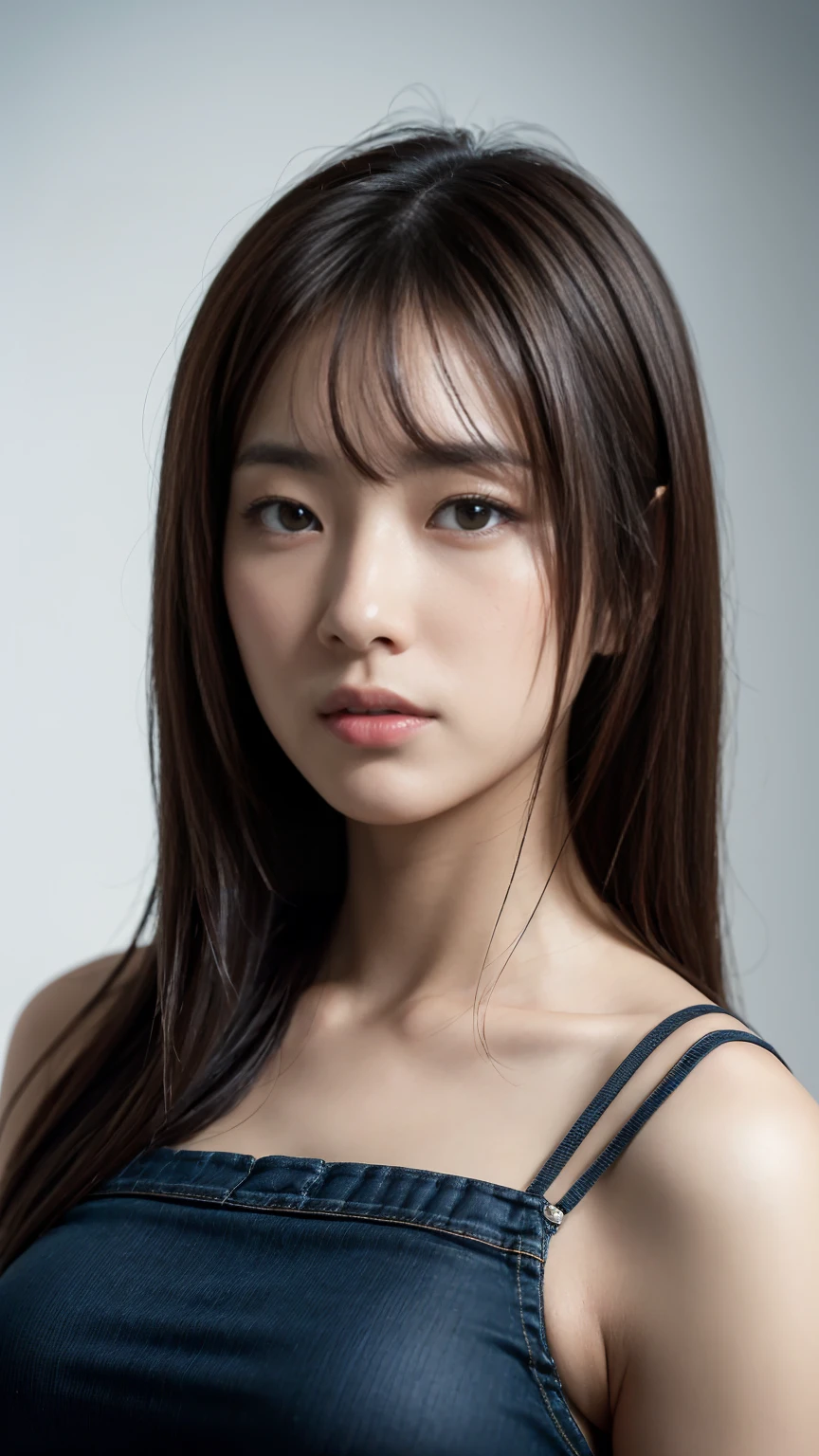 1japanese girl, brown hair, long hair,black shirt,blue pants,cool face,丸い形をした nose, black eyes,best quality, masterpiece, ultra high resolution, super detailed, photorealistic, intricate details, cinematic lighting, dramatic shadows, muted color palette, seamless blending, highly realistic, volumetric lighting, depth of field, hyperrealism, award-winning photography,upper body,from front,front view,white background,looking at viewer,垂れ目