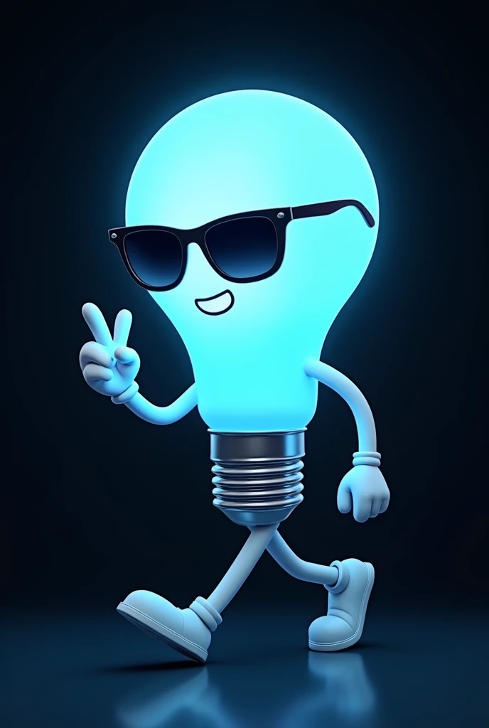 (cartoon), unrealistic blue light bulb; like a drawing; walking with style; wearing sunglasses; with white arms and legs; on his hands he has white gloves; makes the looser sign with one hand; is smiling; in the background there is a flat black color