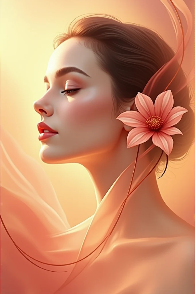 Create a logo showing a woman's face in profile with a flower showing beauty and fluidity, The name of the company is Antonia, use the golden colors, red, and soft colors, to stylize the logo, elegant and visible font, The logo is for a virtual company that sells beauty care products.