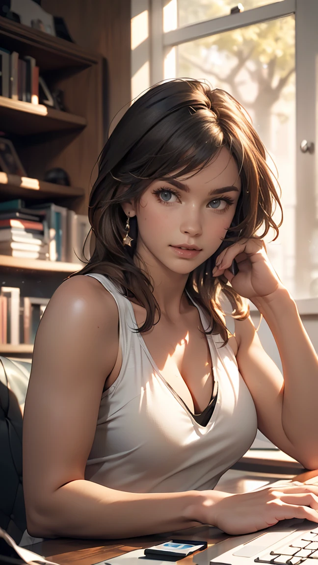a beautiful african girl with long dark hair, detailedeyes, nase, and lips, breasts big, wearing a tank top, sitting in his office, using your computer, HP computer (best qualityer,4K,8k, high resolution,work of art:1.2),ultra detali,(realisitic,photorealisitic,photo-realisitic:1.37),HDR,studio lighting,extremely detailed face and body, portraite,cinematic lighting,dramatic lighting,warm color tones,dramatic colors, Seed 13021530